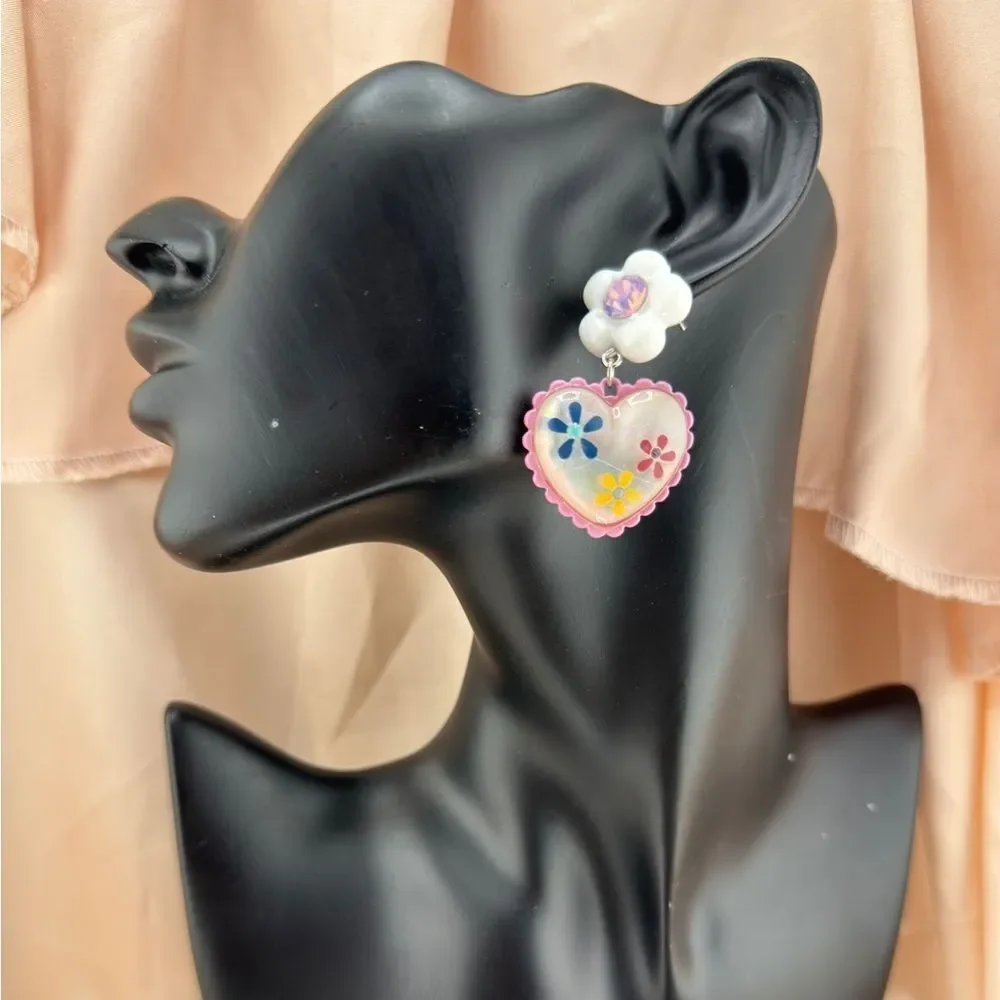 Floral Heart Drop Earrings - Picture 2 of 3